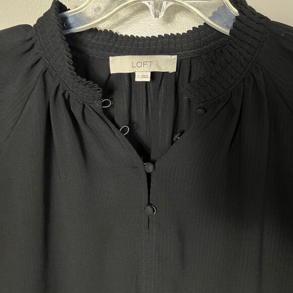 Women's Loft Boho Ballon Sleeve Blouse Black High Button Neck Flowy Top Small - Picture 2 of 7